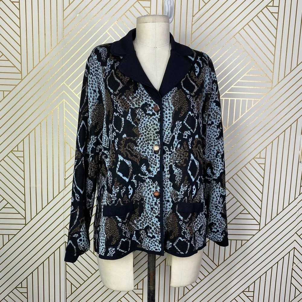 Exclusively Misook Cheetah Snake Animal Print Sweater Blazer Petite Size Large